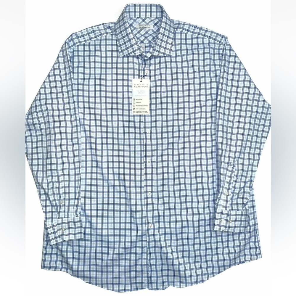 •16x32/33• New Perry Ellis Portfolio Travel Luxe Tech Blue Plaid Dress Shirt